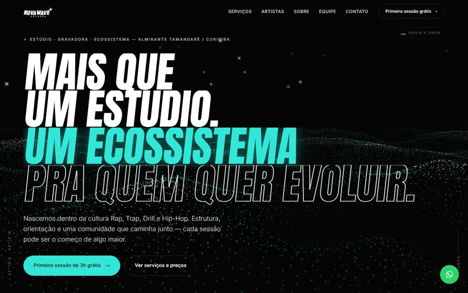 Hero do site da Nova Wave Records: onda de partículas turquesa sobre preto e título 'Mais que um estúdio. Um ecossistema'
